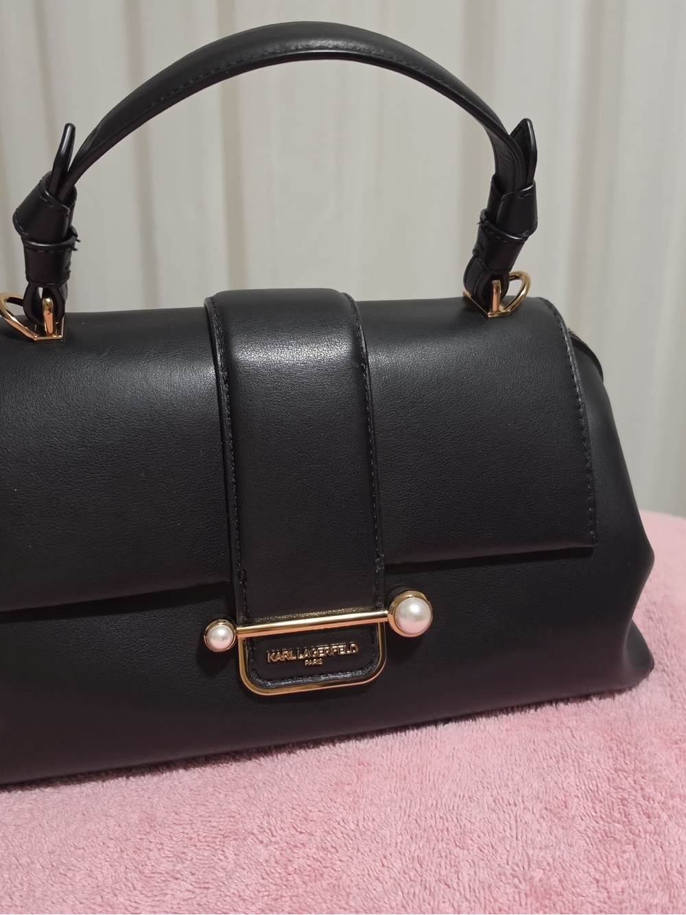 Karl Lagerfeld Black Leather Satchel with Pearl and Gold Accents - Picture 7 of 13